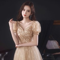 Gold tulle beads long prom dress A line evening dress - Thumbnail 1