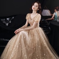 Gold tulle beads long prom dress A line evening dress - Thumbnail 2