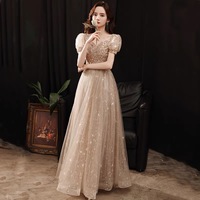 Gold tulle beads long prom dress A line evening dress - Thumbnail 3