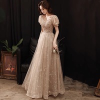 Gold tulle beads long prom dress A line evening dress - Thumbnail 4