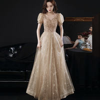 Gold tulle beads long prom dress A line evening dress - Thumbnail 6