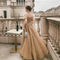 Gold tulle long prom dress A line evening dress - Thumbnail 1