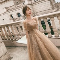 Gold tulle long prom dress A line evening dress - Thumbnail 3