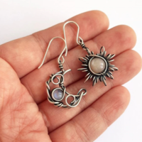  Sun & Moon Earrings Silver Color Crystal - Thumbnail 2