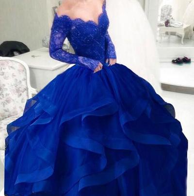 Charming Long Sleeve Royal Blue Ball Gown Prom Dresses with Lace Appliques 