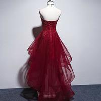 High Low Burgundy tulle lace prom dress, evening dress - Thumbnail 1
