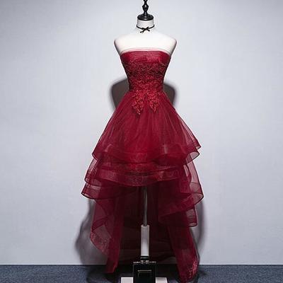 High low burgundy tulle lace prom dress, evening dress - Thumbnail 2