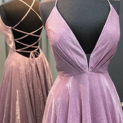 Simple a line v neck prom dress pink evening dress - Thumbnail 3