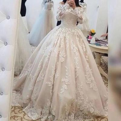 Long sleeves off the shoulder bridal wedding gowns with lace applique  - Thumbnail 4