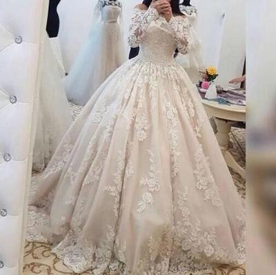 Long Sleeves Off the Shoulder Bridal Wedding Gowns with Lace Applique 