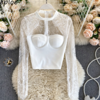 Sexy Lace Hollow Out Design Short Blouse - Thumbnail 3