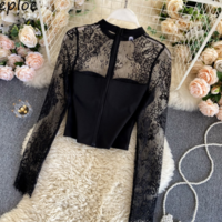 Sexy Lace Hollow Out Design Short Blouse - Thumbnail 2