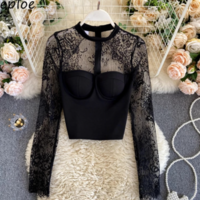 Sexy Lace Hollow Out Design Short Blouse - Thumbnail 1