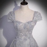 Gray tulle lace long prom dress A line evenig gown - Thumbnail 1
