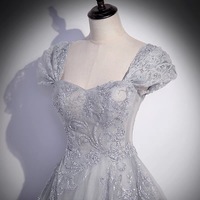 Gray tulle lace long prom dress A line evenig gown - Thumbnail 2