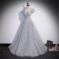 Gray tulle lace long prom dress A line evenig gown - Thumbnail 3