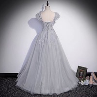 Gray tulle lace long prom dress A line evenig gown - Thumbnail 4