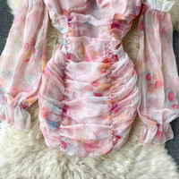  Retro Square Neck Tie-dye Lace Flared  - Thumbnail 2