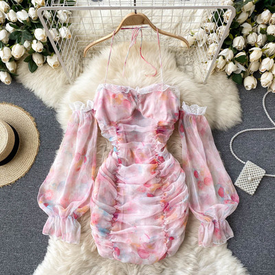  retro square neck tie-dye lace flared 