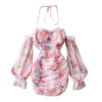  Retro Square Neck Tie-dye Lace Flared  - Thumbnail 4