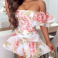 One-Shoulder Printed Chiffon Dress - Thumbnail 1