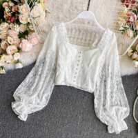  Square Collar Long Puff Sleeve High Waist  - Thumbnail 2