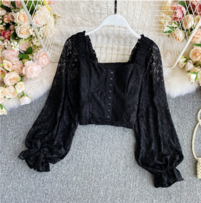  Square Collar Long Puff Sleeve High Waist 