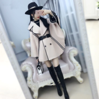 Beige Black-Edged Woolen Cape Coat - Thumbnail 2