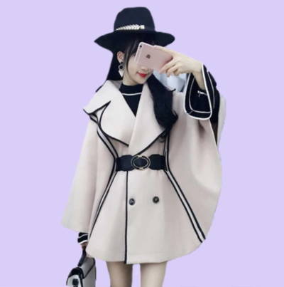 Beige Black-Edged Woolen Cape Coat