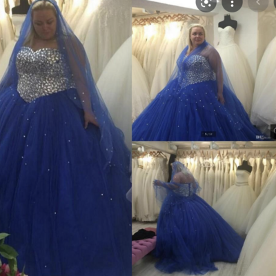 Royal blue plus size prom dresses with rhinestones - Thumbnail 3