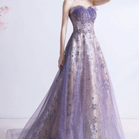 Purple tulle sequins long prom dress A line evening gown - Thumbnail 2