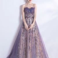 Purple tulle sequins long prom dress A line evening gown - Thumbnail 5