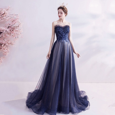 Elegant tulle long a line prom dress blue evening gown - Thumbnail 4