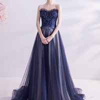 Elegant tulle long A line prom dress blue evening gown - Thumbnail 1