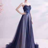 Elegant tulle long A line prom dress blue evening gown - Thumbnail 2