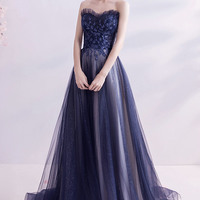 Elegant tulle long A line prom dress blue evening gown - Thumbnail 3