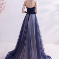 Elegant tulle long A line prom dress blue evening gown - Thumbnail 4