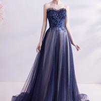 Elegant tulle long A line prom dress blue evening gown - Thumbnail 5