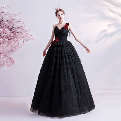 Black v neck tulle long ball gown dress formal dress - Thumbnail 4