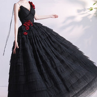 Black v neck tulle long ball gown dress formal dress - Thumbnail 3