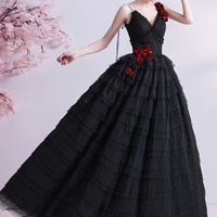 Black v neck tulle long ball gown dress formal dress - Thumbnail 4