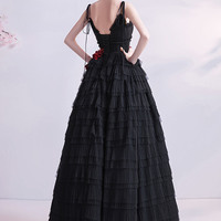 Black v neck tulle long ball gown dress formal dress - Thumbnail 6