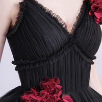 Black v neck tulle long ball gown dress formal dress - Thumbnail 5