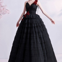 Black v neck tulle long ball gown dress formal dress - Thumbnail 7