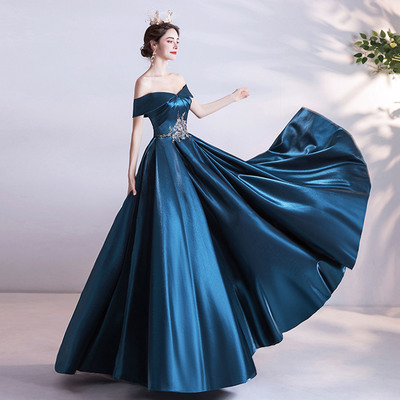 Elegant satin lace long prom dress a line evening gown - Thumbnail 2