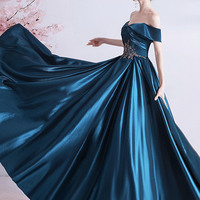 Elegant satin lace long prom dress A line evening gown - Thumbnail 1