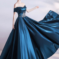 Elegant satin lace long prom dress A line evening gown - Thumbnail 5