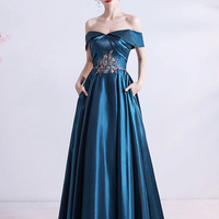 Elegant satin lace long prom dress A line evening gown - Thumbnail 3