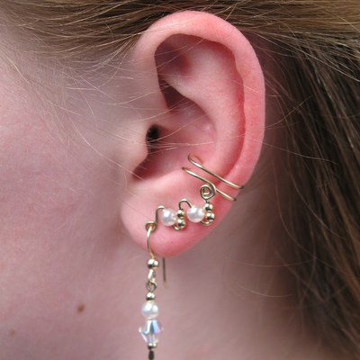 Ear cuffs gold fill half length with faux pearls and matching drop earrings