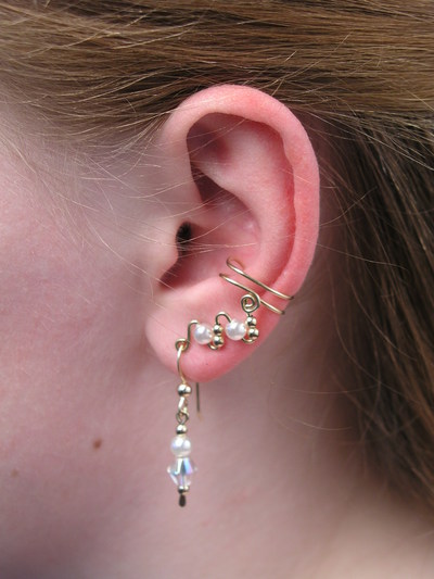 Ear Cuffs Gold Fill Half Length with Faux Pearls and Matching Drop Earrings